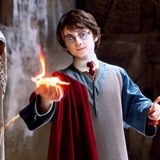 Image similar to Elijah Wood as Harry Potter casting a spell, wizard, robe, wand