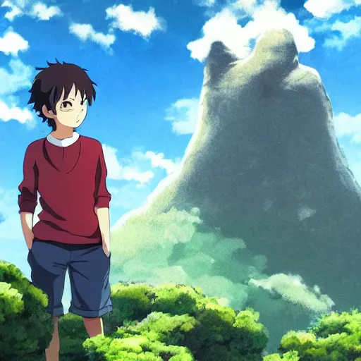 Image similar to friendly guy and small creature , with Fragile looking character portrait face made by Studio Ghibli highly detailed art, beautiful scene, sharp focus, smooth, 8k, anime art, wild, dark, fantasy, peaceful, sunshine, light