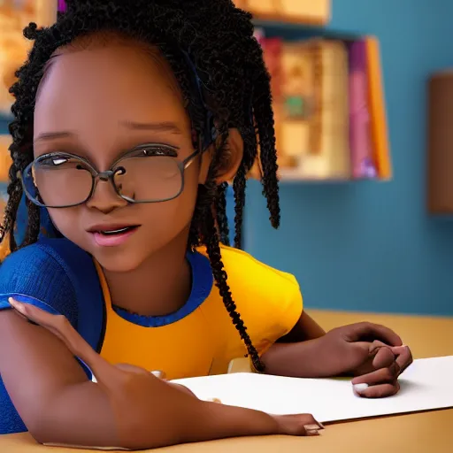 Image similar to stunning, coherent, impressive, detailed still of happy black little girl in school sitting on desk, follow shot, 3d, in the style of pixar, comic book style, 3d, highly detailed, sharp focus, bokeh, depth of field, 16k resolution, Unreal Engine 5, coherent, cinematic lighting, photorealistic, by Zhang Jingna