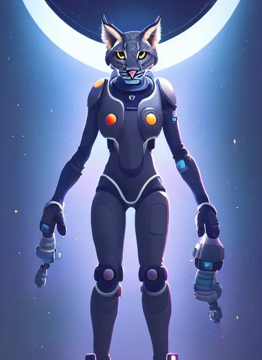 Image similar to wide angle beautiful full body portrait of a strong female anthropomorphic anthro lynx fursona wearing a futuristic space suit, paw pads instead of feet, character design by alena aenami, disney, anime, manga, charlie bowater, ross tran, artgerm, and makoto shinkai, furaffinity, detailed, soft lighting, rendered in octane