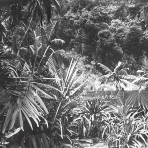 Image similar to a rizom lost film footage of a - - - - 3 d shape - - - - - in the middle of the tropical jungle / tropicalism / tropicalism / tropicalism / film still / cinematic / enhanced / 1 9 2 0 s / black and white / grain