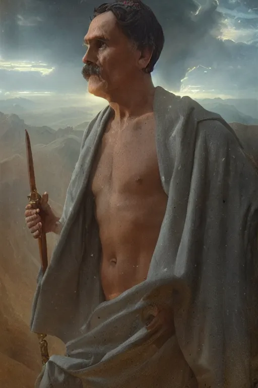 Image similar to frederick nietzsche as egiptian god, 8 k, hdr, great light, by greg rutkowski and annie leibowitz