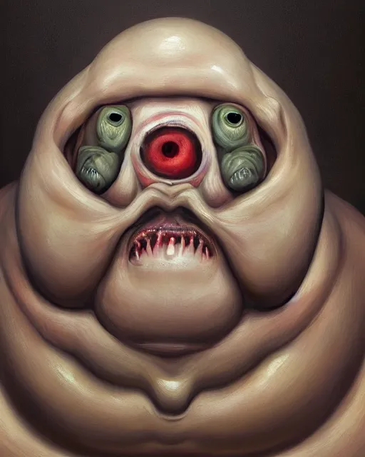 Image similar to Two-headed portrait Painting of a chubby fat EXTRATERRESTRIAL creature with big bulging eyes, white milky eyes, eyeballs, two heads, flabby skin, excess skin hanging from cheeks, straw-like beard growing from face, disgusting, creepy, unsettling, horror, upper body, intricate, wild, highly detailed, digital painting, artstation, concept art, smooth, sharp focus, illustration, art by artgerm and greg rutkowski and alphonse mucha