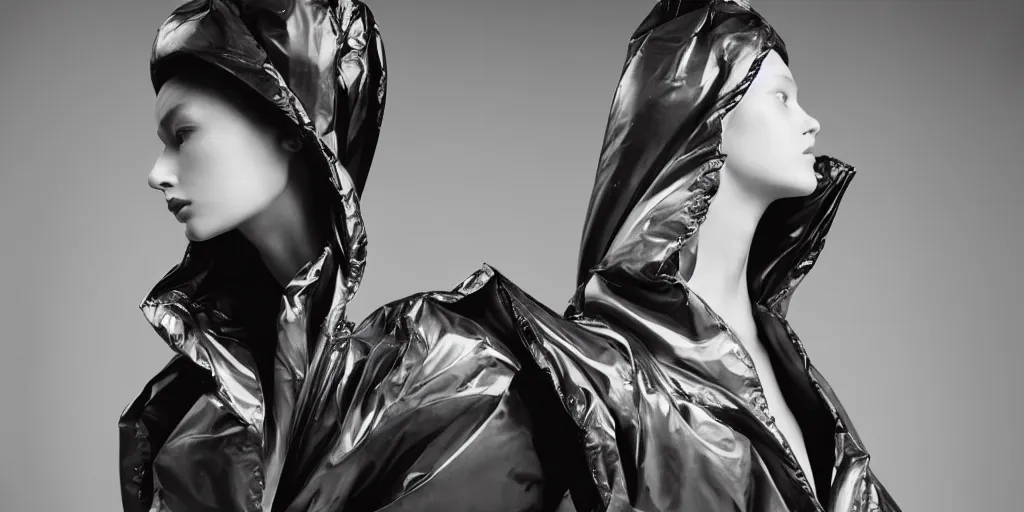 Prompt: well lit fashion shoot portrait of extremely beautiful female marble statue wearing huge over size puffer jacket by rei kawakubo, haute couture, comme de garcon, balenciaga, sharp focus, clear, detailed,, cinematic, detailed, black, glamorous, symmetrical, vogue, editorial, fashion, magazine shoot, glossy