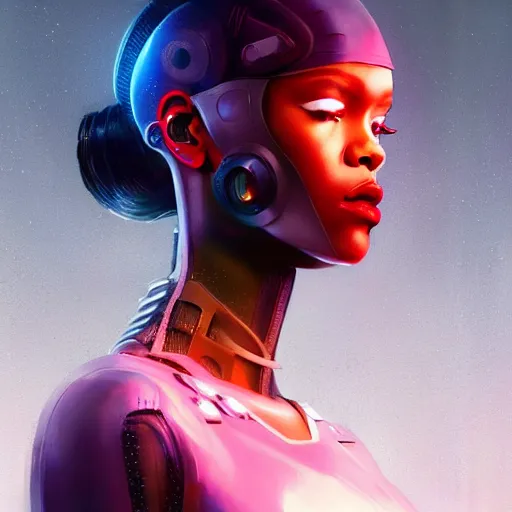 Image similar to cyborg Rihanna profile picture by Greg Rutkowski, dynamic pose, intricate details, futuristic, volumetric lights, streetwear, studio ghibli, Organic Painting , Matte Painting, geometric shapes, hard edges, trending on the artstation, fantasy LUT, realistic by Sachin Teng + Martin Grip + Moebius + Patrick Gleason, smooth, sharp focus, techwear, Industrial Scifi, detailed illustration, character portrait, highly detailed, digital painting, artstation, concept art, soft light, hdri, smooth, sharp focus, illustration, art by tian zi and craig mullins and WLOP and alphonse much,