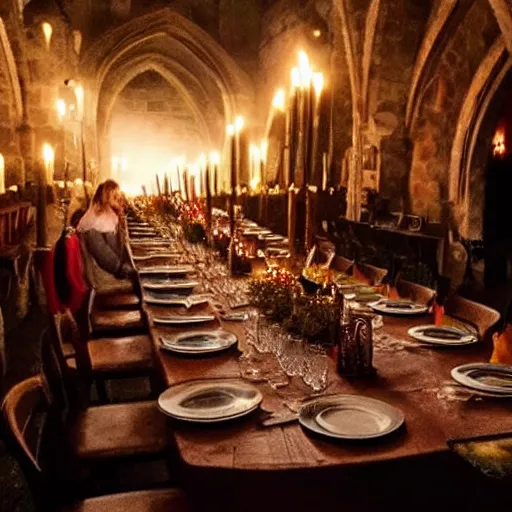 Prompt: feast for hundreds of people. candles, warm ambient light, hogwarts, beautiful, stone walls, hot food, delicious, steaming food on plates, gluttony, digital art, epic. candlelight, firelight, happiness and joy, ghosts flying around, harry potter students, warmth