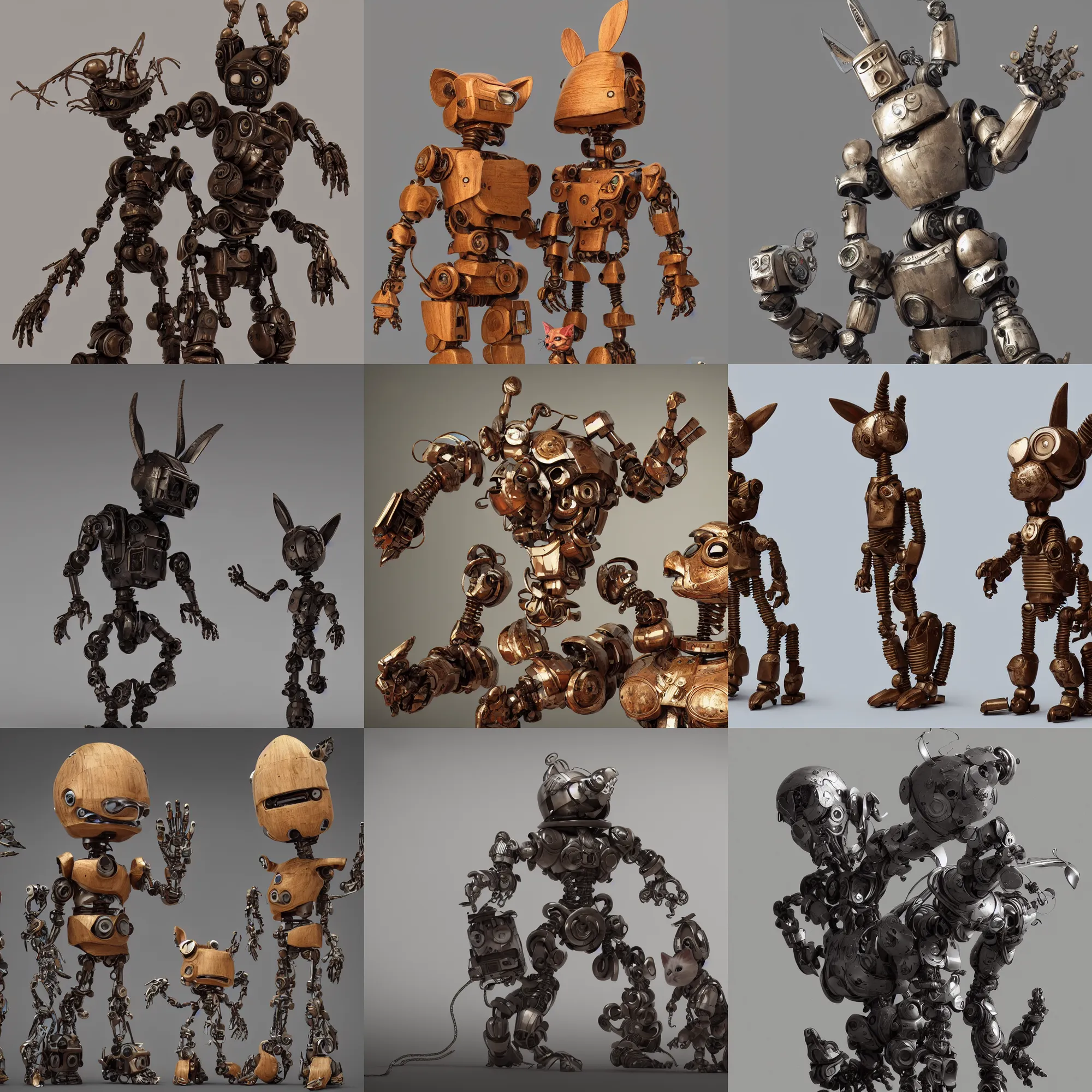 Prompt: 3 d octane render ultra 8 k photorealistic hyper detailed unreal engine a vhs futurepunk concept art, trending on cgsociety artwork masterpiece in a contemporary art gallery lossless quality wooden sculpture statue on feet art toys a very cute mystical robot of the bohemian with cats ears