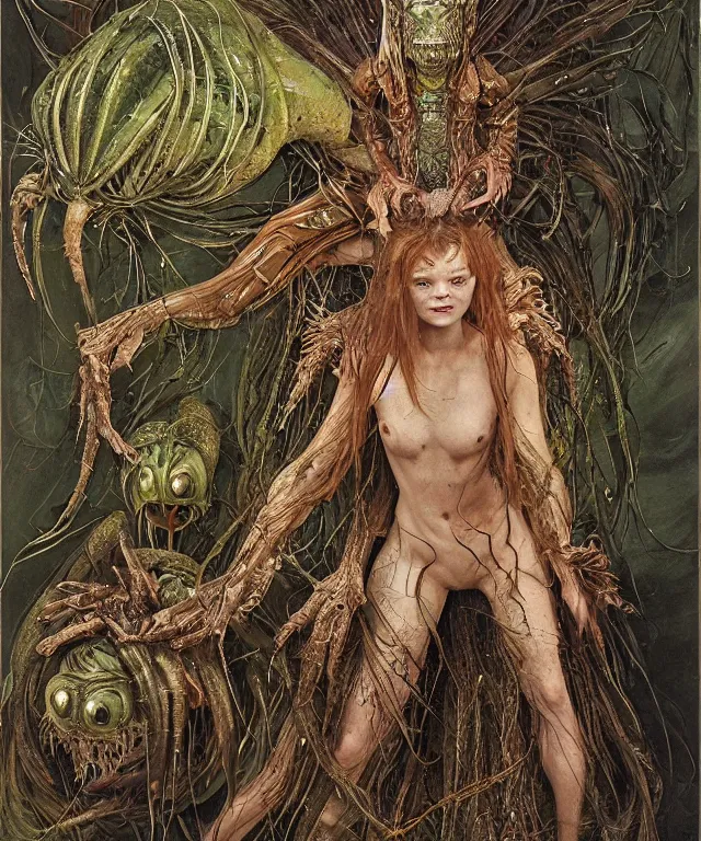 Prompt: a portrait photograph of a fierce sadie sink as an alien harpy queen with slimy amphibian skin. she is trying on evil bulbous slimy organic membrane parasitic fetish fashion and transforming into an wet insectoid amphibian. by donato giancola, walton ford, ernst haeckel, brian froud, hr giger. 8 k, cgsociety