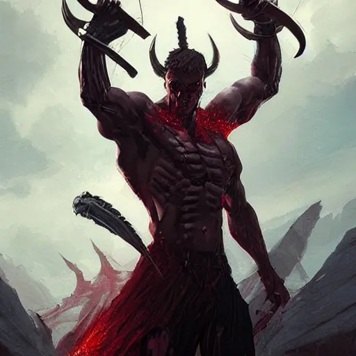 Image similar to mutant man with sword, fantasy boss, dramatic illustration, muscular character, a lot of blood, huge horns, art by greg rutkowski, digital art, artstation, hyper detailed, smotth, sharp focus