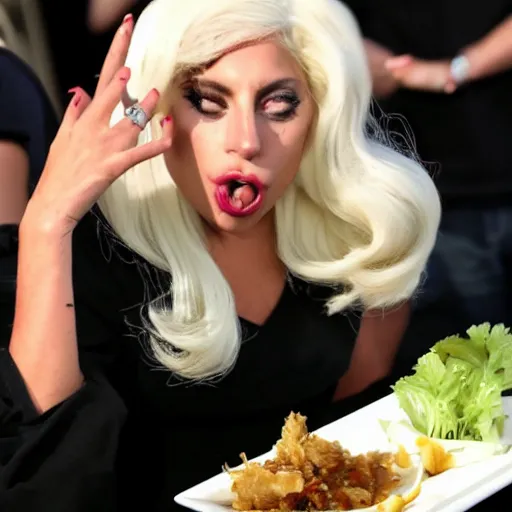 Image similar to lady gaga eating a plate poop, disgusting and delicious