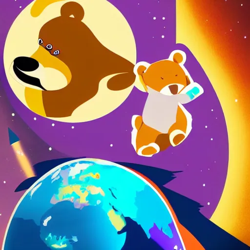 Image similar to cartoon animated illustration of a bear mascot being launched from a futuristic marble planet, purple and orange cloudland