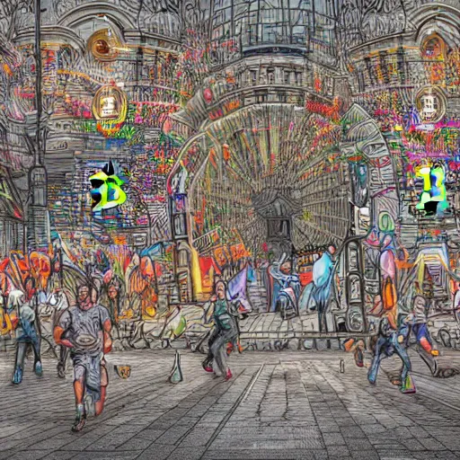 Prompt: landscape of people running away scared from crypto logos standing in the city, cointelegraph design, hyperdetailed, hdr, 8 k
