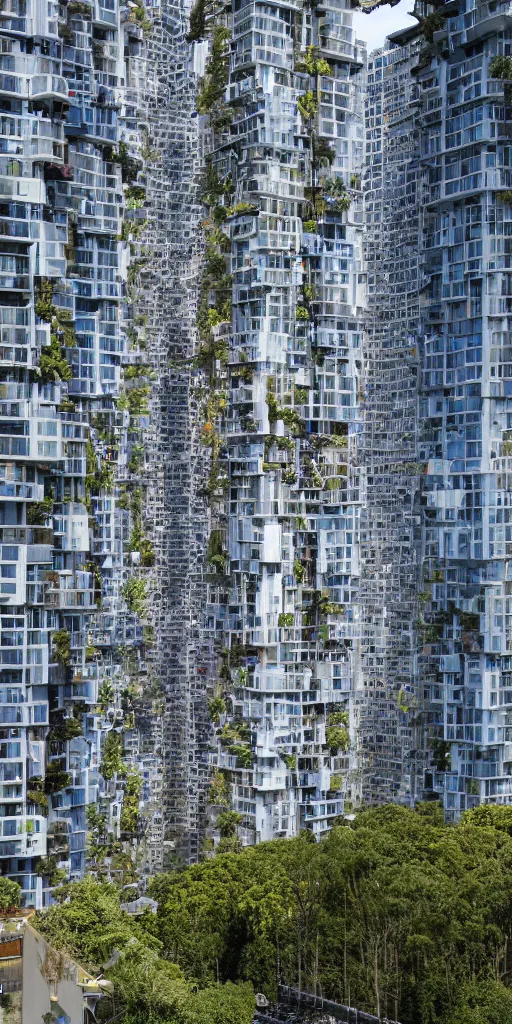 Prompt: elevational photo by Andreas Gursky of tall and slender futuristic mixed-use towers emerging out of the ground. Industrial orange spider-robots climb the facade. The towers are covered with trees and ferns growing from floors and balconies. The towers are clustered very close together and stand straight and tall. The housing towers have 100 floors with deep balconies and hanging plants. Thin bridges span between towers. Cinematic composition, volumetric lighting, architectural photography, 8k, megascans, vray.