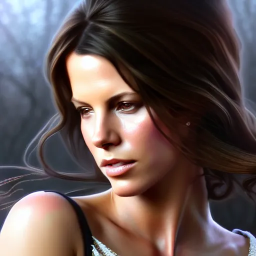 Image similar to beautiful digital painting of young kate beckinsale background with high detail, 8 k, stunning detail, photo by artgerm, greg rutkowski and alphonse mucha, unreal engine 5, 4 k uhd