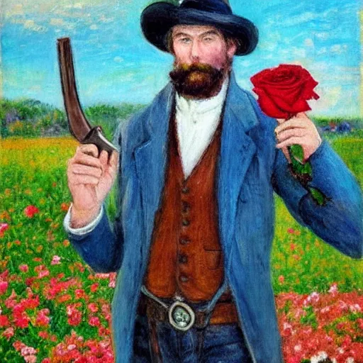 Prompt: an impressionist painting of a tall man with blue eyes that is wearing a wide brim hat and a leather vest. He is holding a revolver in his left hand and a rose is in his right hand. He is standing in a field of roses. He does not have facial hair.