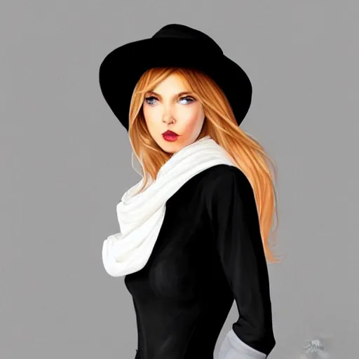 Image similar to beautiful woman in a black dress, full length photo, wearing a white hat and a red scarf, head bowed slightly, looking mischievously and mysteriously at the camera, wavy blond hair, knees upturned, very beautiful woman, 4k highly detailed, digital painting, artstation, concept art, matte, sharp focus, illustration, art by Artgerm and Greg Rutkowski and Alphonse Mucha