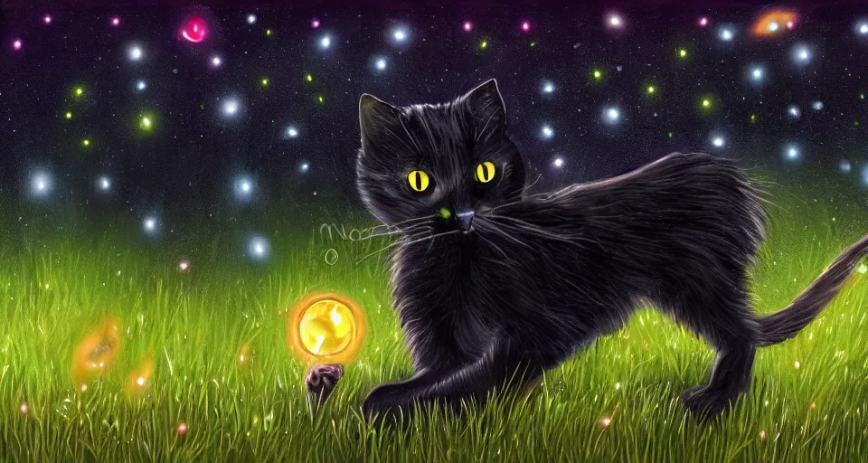 Image similar to black cat with glowing eyes walking around in a very dark open field at midnight with fireflies in the air and lots of stars in the sky, digital painting, highly detailed, magical, beautiful