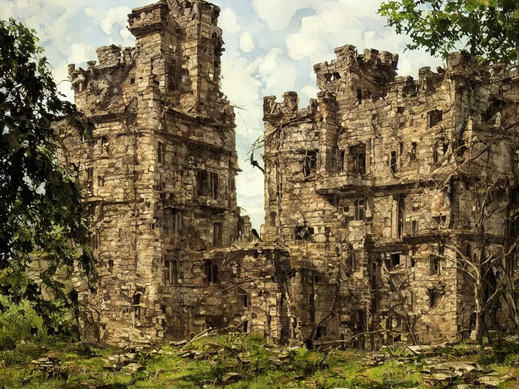 Image similar to A beautiful painting of a dilapidated ancient castle building in the wood, by Coby Whitmore, Trending on artstation, very detailed