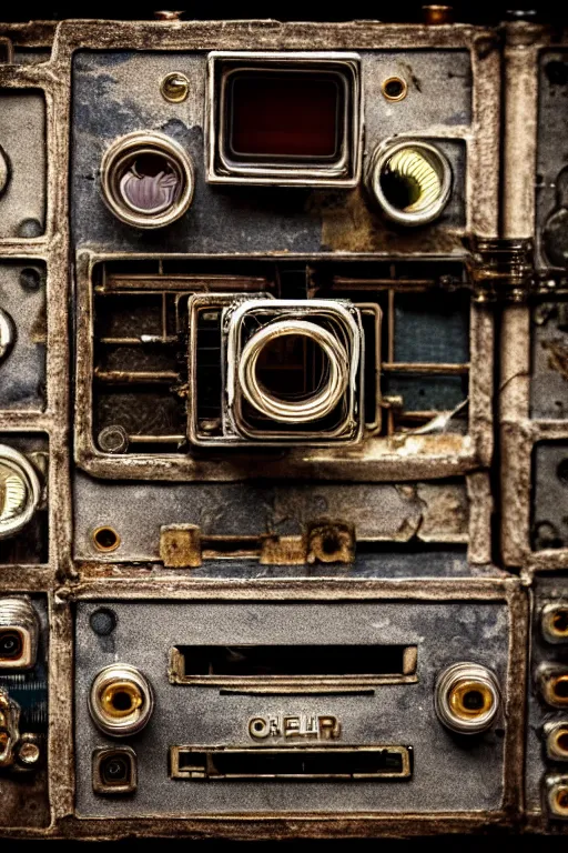 Image similar to A photo of a very old opened camera with film, vacuum tubes, capacitors and coils inside by Richard Kuiper and Steve McCurry, grungy, weathered Ultra detailed, hyper realistic, 4k