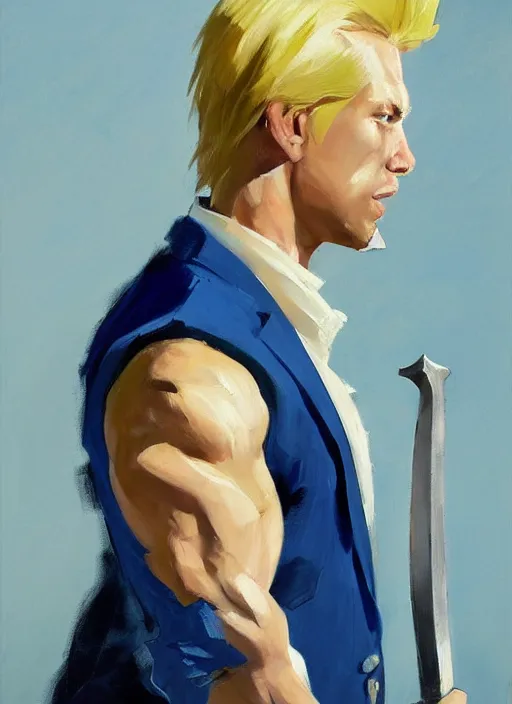 Image similar to greg manchess side portrait of a blond man in a blue suit with a big sword, asymmetrical, profile picture, organic painting, sunny day, matte painting, bold shapes, hard edges, street art, trending on artstation, by huang guangjian, gil elvgren, ruan jia, randy vargas, greg rutkowski