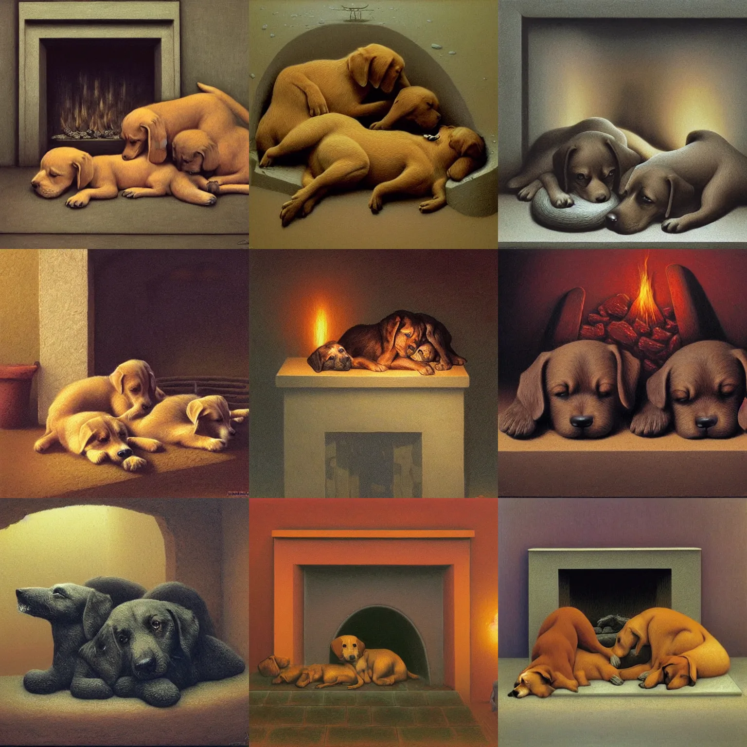 Prompt: cozy puppies napping on a fireplace hearth, zdzisław beksinski, hr gieger, comforting, warm light