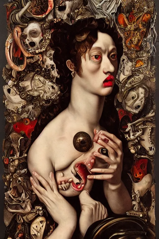 Image similar to Detailed maximalist portrait with large lips and with large wide eyes, surprised expression, surreal extra flesh and bones, HD mixed media, 3D collage, highly detailed and intricate, illustration in the style of Caravaggio, dark art, baroque