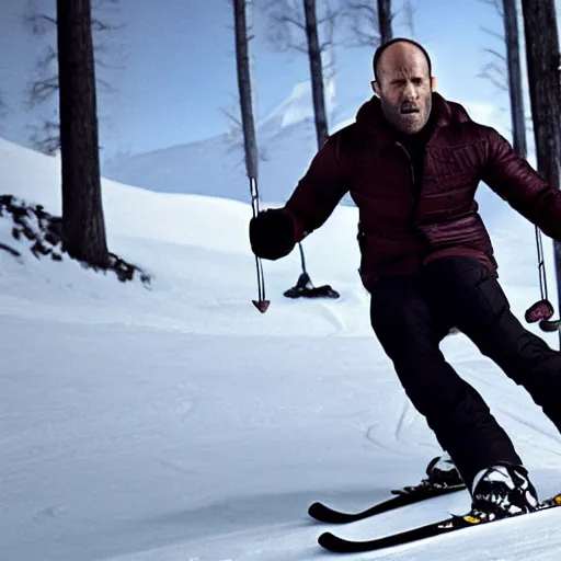 Prompt: jason statham skiing, angry, full body shot, cinematic lighting, studio quality