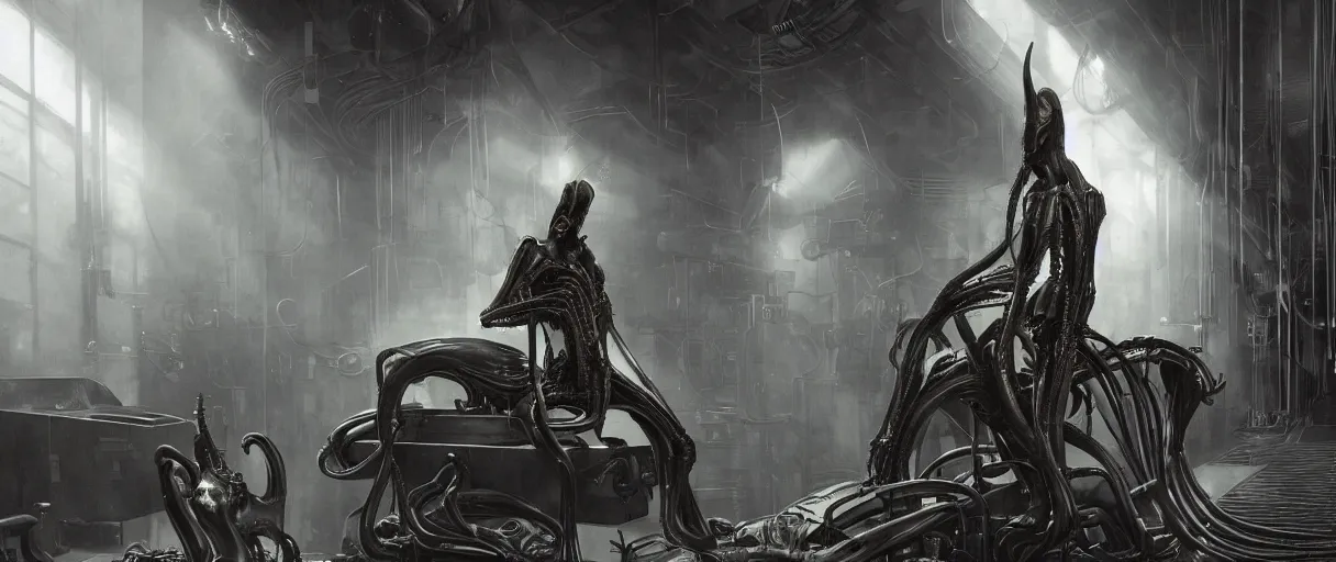 Image similar to duotone noir hyperreal concept illustration of black xenomorph alien machinery engineer sitting in chair by hr giger. cosmic horror atmosphere. cinematic volumentric lighting. by sachin teng and sergey kolesov and ruan jia and heng z. graffiti art, scifi, fantasy, hyper detailed. octane render. trending on artstation