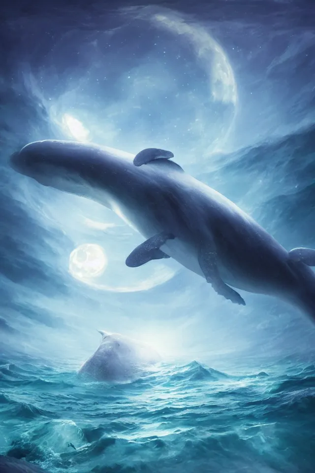 Prompt: a crystal whale peeking out of the blue sea, a full moon illuminating the sea in the dark night, the stars shining, a dreamy crystal atmosphere ， super wide angle ， matte painting ， rtx on ， trending on cgsociety and artstation, volumetric light ， surreal