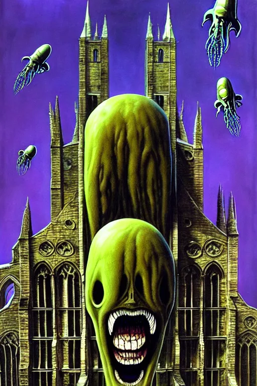 Prompt: a hyperrealistic painting of a flying biopunk alien monstrosity eating a cathedral, by chris cunningham and richard corben, highly detailed, vivid color,