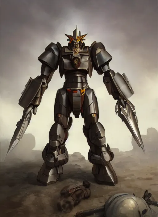 Image similar to medium-length portrait of a male paladin with short curly hair and a salt-and-pepper beard, dark brown skin, wears a suit of power armor, magitech!, gundam, medieval setting, highly detailed, digital painting, artstation, concept art, sharp focus, illustration, art by greg rutkowski and alphonse mucha