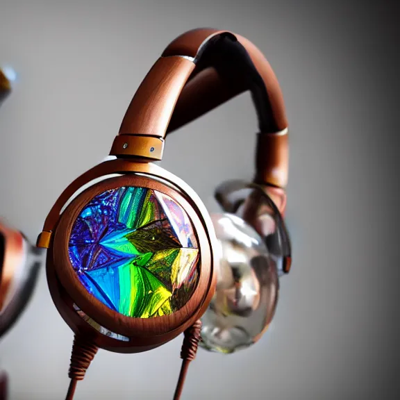 Image similar to masterpiece photo of beautiful hand crafted artistic detailed transparent headphones, bismuth rainbow metal, electronics see through, plush leather pads, displayed on mahogany desk, modernist headphones, bismuth beautiful well designed, hyperrealistic, audiophile, intricate hyper detail, extreme high quality, photographic, audeze, sennheiser, raal, bang olufsen, abyssal