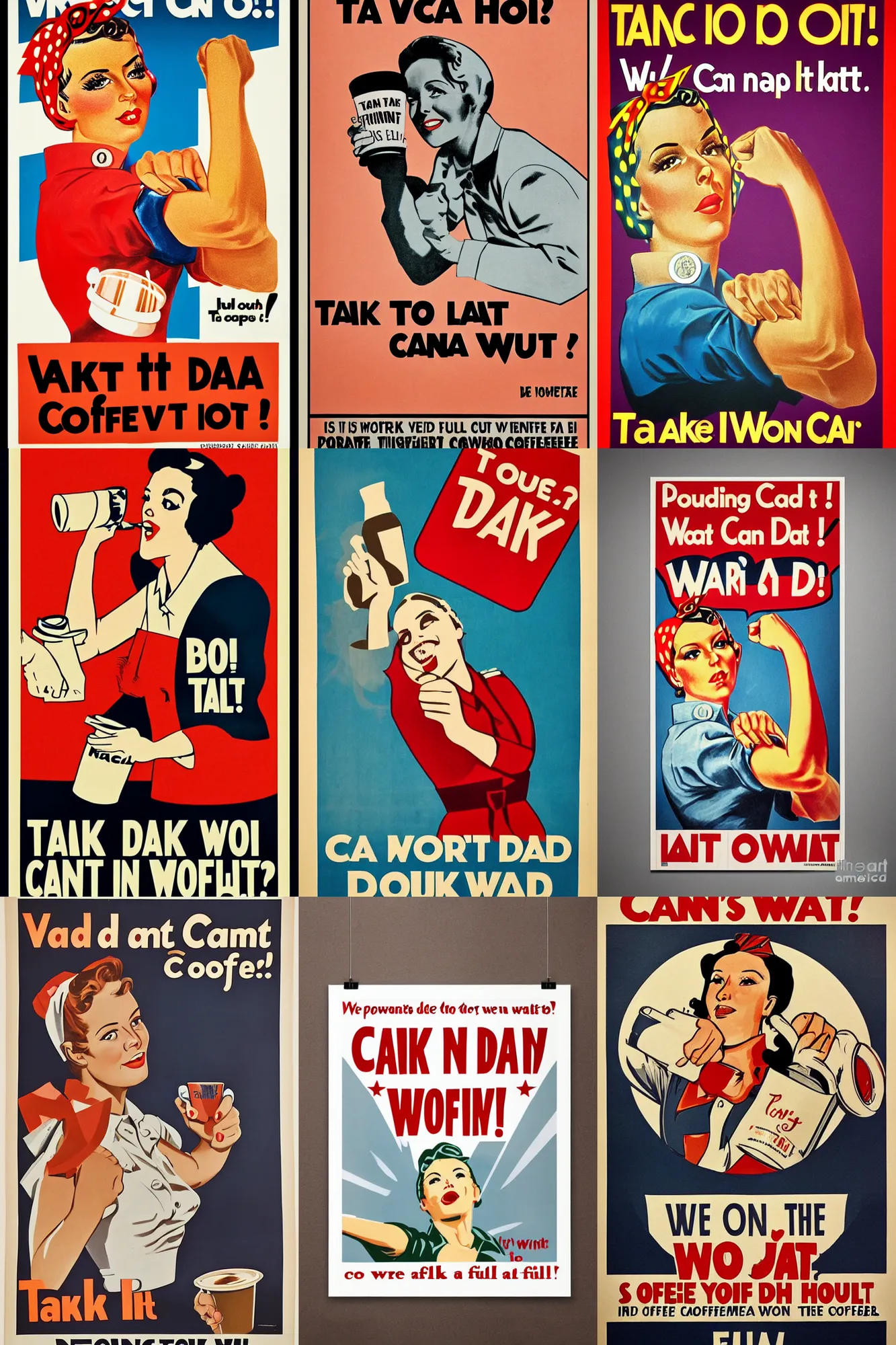 Prompt: propaganda poster, we can do it, drinking take away coffee, full colour print