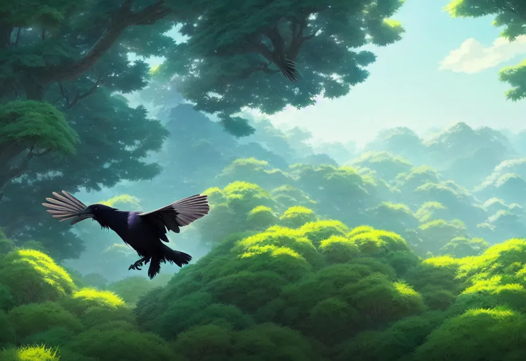 Image similar to a wholesome animation key shot of a cute stripe colored raven flying above the forest, studio ghibli, pixar and disney animation, sharp, rendered in unreal engine 5, anime key art by greg rutkowski, bloom, summer lighting