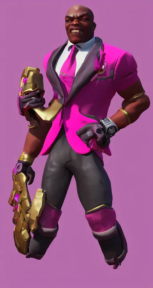 Image similar to doomfist, pink blazer, overwatch game, digital art, high detailed, artstation, 3 d render