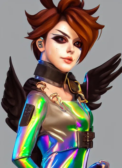 Image similar to portrait bust digital artwork of tracer overwatch, wearing iridescent rainbow latex and leather straps catsuit outfit, expressive happy face, makeup, in style of mark arian, angel wings, wearing detailed leather collar, chains, black leather harness, detailed face and eyes,