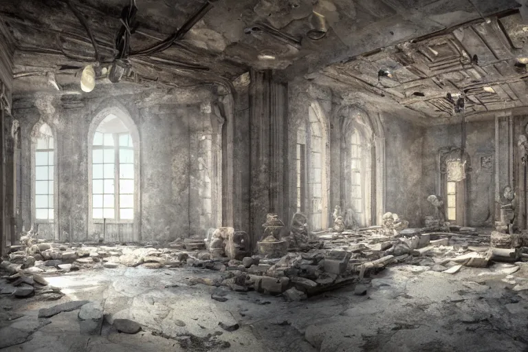 Image similar to inside a an abandoned marble sculpture workshop from the 1 8 0 0 s found in italy, artgerm, yoshitaka amano, gothic interior, 8 k, octane render, unreal engine