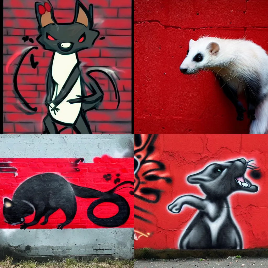 Prompt: ( ( ( red + black + ( furry fandom * fursona ) ) / ( weasel * ferret * stoat ) ) + ( smoke * background ) ) = ( wall + graffiti )