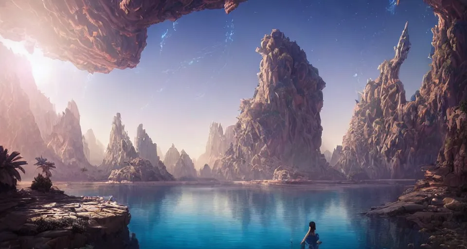 Prompt: a beautiful desert oasis!!!! with crystal clear water surrounded by futuristic skyscrapers and a ringed planet in the sky, by wlop and peter mohrbacher, extremely detailed shading, concept art, digital painting, trending on artstation, unreal engine 5, octane render, atmosphere, lens flare, glow, cinematic lighting, full of color