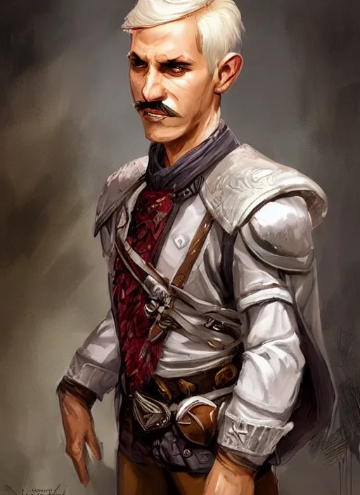 Image similar to young man with short white combover hair and moustache, dndbeyond, bright, colourful, realistic, dnd character portrait, full body, pathfinder, pinterest, art by ralph horsley, dnd, rpg, lotr game design fanart by concept art, behance hd, artstation, deviantart, hdr render in unreal engine 5