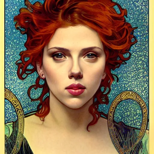 Image similar to scarlett johansson portrait by louis - theophile hingre and alphonse mucha, realistic, sharp focus, zodiac signs, tarot cards, planets, ethereal, art nouveau, magic, moon, sun, crown, dreamy, royal, jewellery