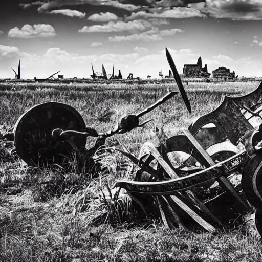 Image similar to viking in war armor working on the flying ancient device, tools and junk on the ground, old village in the distance, vintage old photo, black and white, sepia