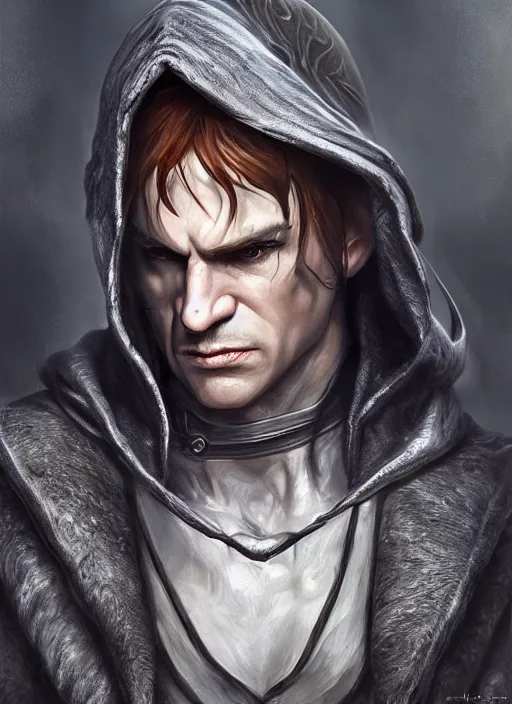 Image similar to a serious hooded half elf middle aged male rogue, strong, full body, 8 k, hyperrealistic, lowlife, ruffian, hyperdetailed, fantasy portrait by laura sava