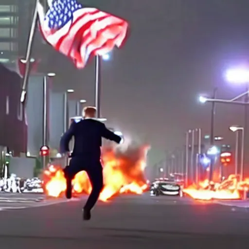 Prompt: helicopters and explosions in the background, cinematic shot of Donald Trump running from the police