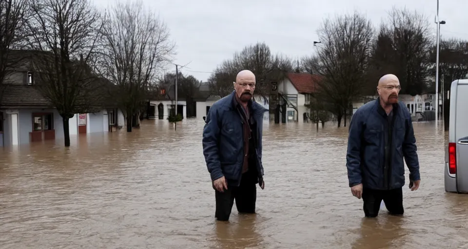 Image similar to Walter White visiting a small german town that is being flooded, movie screenshot, dramatic scene