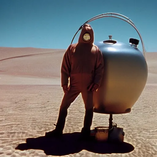 Image similar to a man wearing a hazmat suit, in the desert, giant pepsi cans imbedded in sand in background, film still, panavision panaflex