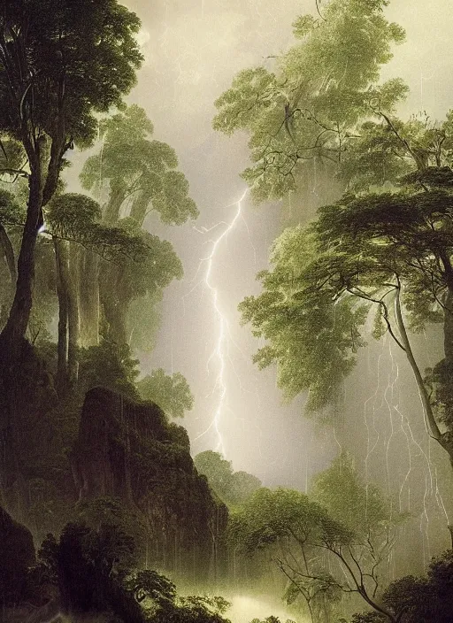 Image similar to a rain forest with extremely thin tall trees, dense, very epic atmosphere, tropical downpour of rain an lightning by asher brown durand, by yoshitaka amano