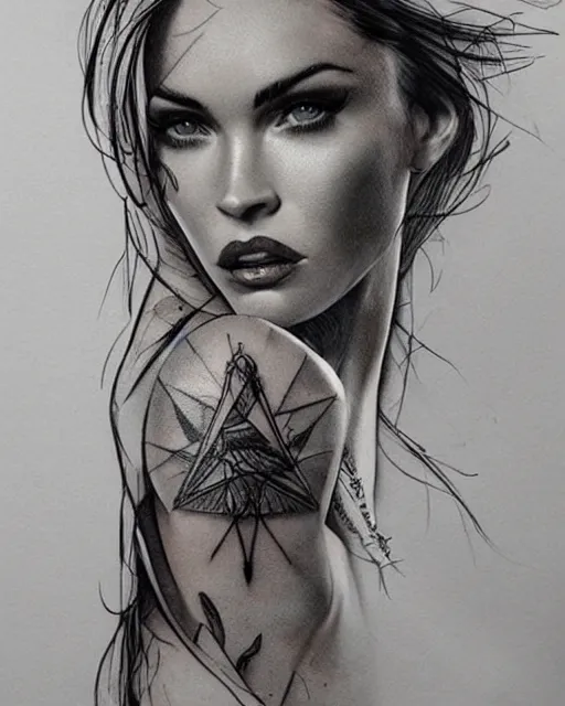 Prompt: surrealist double exposure effect tattoo design sketch of megan fox with beautiful mountains, realism tattoo, in the style of andrey lukovnikov, amazing detail, sharp