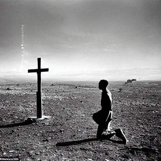 Image similar to a lone man is kneeling before a wooden cross in a barren wasteland as the plume from the explosion of a nuclear bomb is seen in the distance