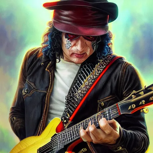 Image similar to ac / dc slash portrait guns and roses, intricate, highly detailed, digital painting, artstation, concept art, smooth, sharp focus, illustration, unreal engine 5, 8 k, art by artgerm and greg rutkowski and alphonse mucha